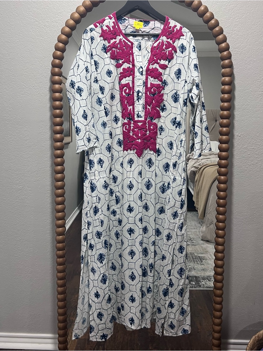 Roberta Roller Rabbit White & Navy Maxi Dress with Fuchsia Embroidery